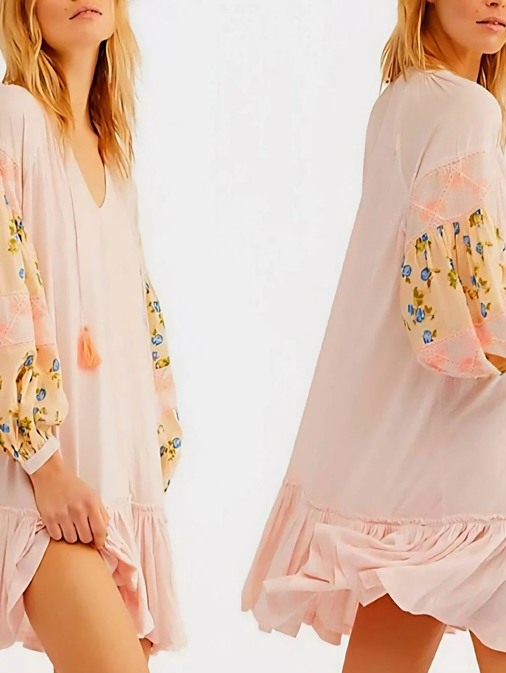 FREE PEOPLE Boho Pink Floral Sleeve Mini Dress